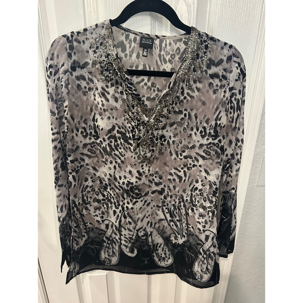 Black Saks Fifth Avenue Blouse Grey Leopard Sequin V-Neck Sheer Animal Print Top